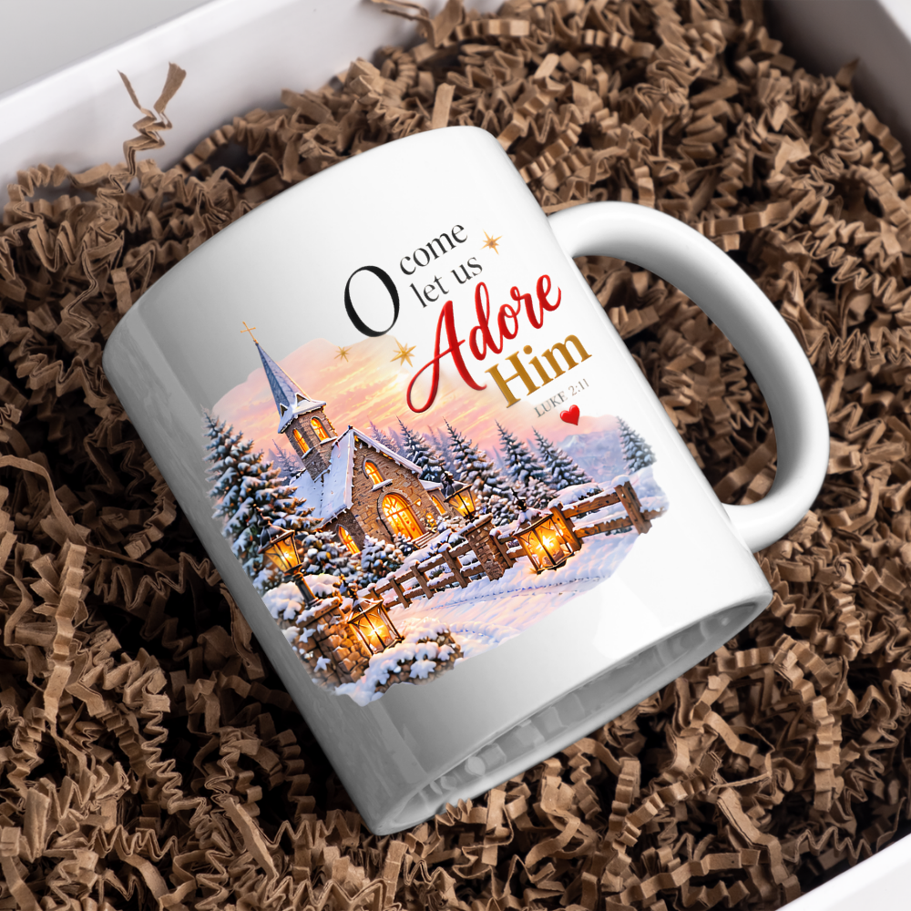 Christmas Mug "O Come Let Us Adore Him Luke 2:11" O Come Let Us Adore Him 325ml Ceramic Coffee Mug – Festive Winter Church Scene Mug with Lanterns Snow Dusted Trees Holiday Gift | Available in Multicolours | Fast Dispatch by UK Seller (M3322)