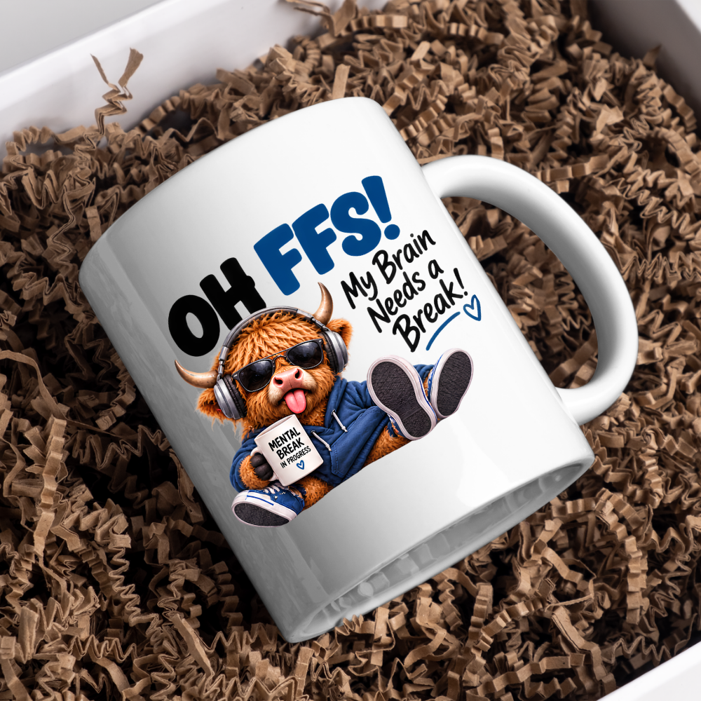 Highland Cow Mental Break Mug "OH FFS! My Brain Needs a Break!" Oh Ffs! My Brain Needs a Break! 325ml Ceramic Coffee Mug – Cute Highland Cow with Headphones, Sunglasses & "Mental Break" Mug | Funny Office Gift | Fast Dispatch by UK Seller (M3382)