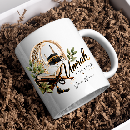 Personalised Umrah Mubarak Mug 325ml Ceramic Coffee Tea Cup – Custom Name, Holy Kaaba, Open Quran & Tasbih Prayer Beads Islamic Pilgrimage Gift for Family, Friends, Hajj Celebration – Fast Dispatch by UK Seller (M3489)