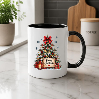 Cozy Mug "Merry Christmas" Red Bow Christmas Tree 325ml Ceramic Coffee Mug – Festive Winter Holiday Tea Cup with Lantern, Sign & Gifts Gift | Available in Multicolours | Fast Dispatch by UK Seller (M1264)