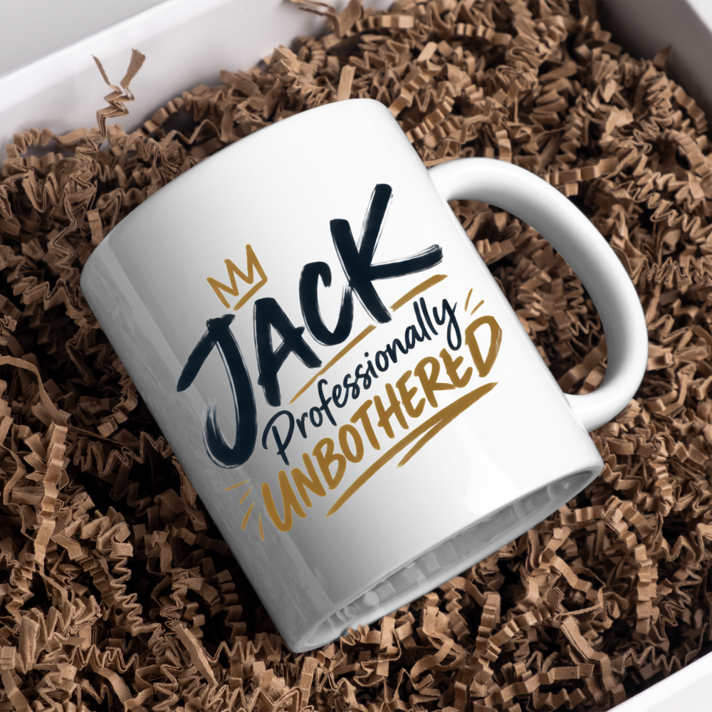 Personalized Name Mug "Jack Professionally Unbothered" Jack Professionally Unbothered 325ml Ceramic Coffee Mug – Custom Name Typography Slogan with Gold Crown & Brushstroke Accents | Funny Gift | Fast Dispatch by UK Seller (M3421)