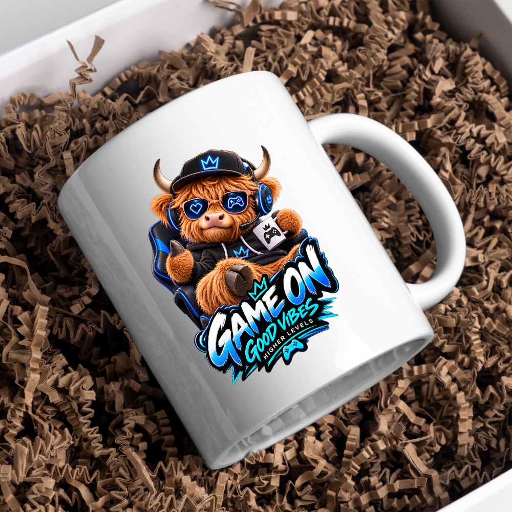Gaming Mug "Game On Good Vibes Higher Levels" Game On Good Vibes Higher Levels 325ml Ceramic Coffee Mug – Cute Highland Cow Gamer in Chair with Headset, Mug & Blue Splatter Art | Video Game Gift | Fast Dispatch by UK Seller (M3348)