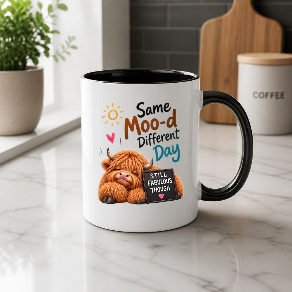 Humorous Mug "Same Moo-d Different Day" Highland Cow 325ml Ceramic Coffee Mug Funny Sassy Tea Cup with Still Fabulous Sign, Sun & Hearts Gift | Available in Multicolours | Fast Dispatch by UK Seller (M1287)