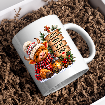 Religious Christmas Mug "Faith Hope Love Jesus" Highland Cow Faith Hope Love Jesus 325ml Ceramic Coffee Mug – Cute Highland Cow Winter Hat Mug with Wooden Signs, Lantern & Pinecones | Christian Holiday Gift | Fast Dispatch by UK Seller (M3356)