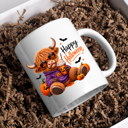 Halloween Mug "Cool Pumpkin Spice Happy Halloween" Cool Hoodie Highland Cow 325ml Ceramic Coffee Mug – Trendy Halloween Tea Cup with Pumpkin Sunglasses Iced Drink Graphic Gift | Available in Multicolours | Fast Dispatch by UK Seller (M3169)