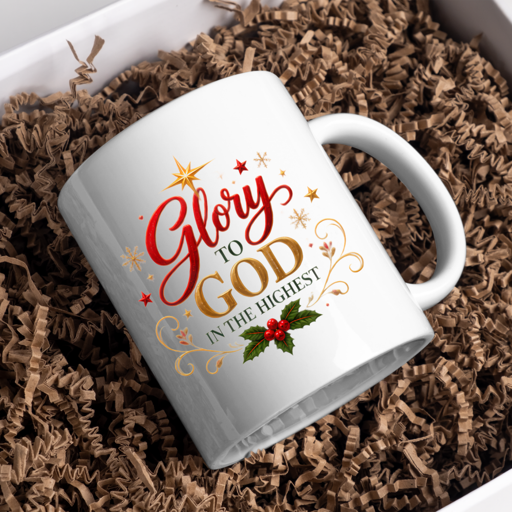 Christmas Mug "Glory To God In The Highest" Glory to God in the Highest 325ml Ceramic Coffee Mug – Festive Christian Typography Mug with Star Of Bethlehem Holly Gold Stars Holiday Gift | Available in Multicolours | Fast Dispatch by UK Seller (M3316)