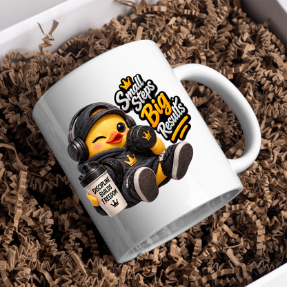 Fitness Mug "Small Steps Big Results Fitness Duck" 325ml Ceramic Coffee Mug – Cute Fitness Duck in Black Hoodie, Cap Headphones Holding Dumbbell Protein Shaker Gym Motivation Gift | Available in Multicolours | Fast Dispatch by UK Seller (M3257)