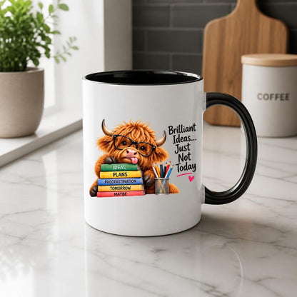 Humorous Mug "Brilliant Ideas... Just Not Today" Highland Cow 325ml Ceramic Coffee Mug Cute Animal Tea Cup with Glasses, Stacked Books & Pencils | Available in Multicolours | Fast Dispatch by UK Seller (M1281)