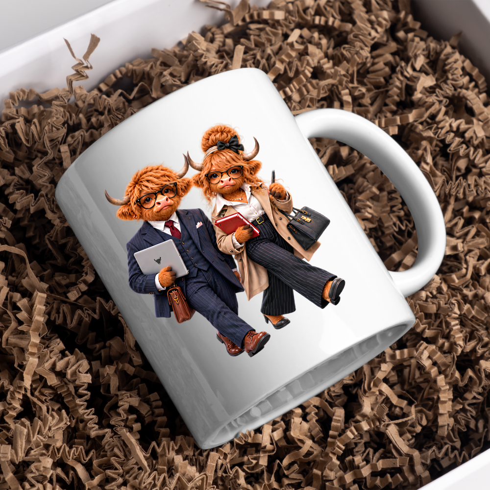 Corporate Mug "Professional Highland Cow Couple" 325ml Ceramic Coffee Mug – Stylish Highland Cow Couple in Suits Coat Holding Laptop Work Office Gift For Coworkers Professionals | Available in Multicolours | Fast Dispatch by UK Seller (M3264)
