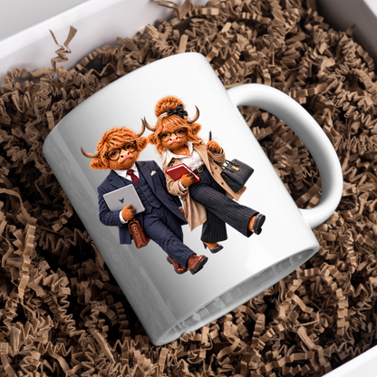 Corporate Mug "Professional Highland Cow Couple" 325ml Ceramic Coffee Mug – Stylish Highland Cow Couple in Suits Coat Holding Laptop Work Office Gift For Coworkers Professionals | Available in Multicolours | Fast Dispatch by UK Seller (M3264)