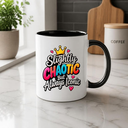 Sassy Mug "Slightly Chaotic But Always Iconic" 325ml Ceramic Coffee Mug Cute Bold Typography Tea Cup with Gold Crown & Pink Hearts Gift | Available in Multicolours | Fast Dispatch by UK Seller (M1301)