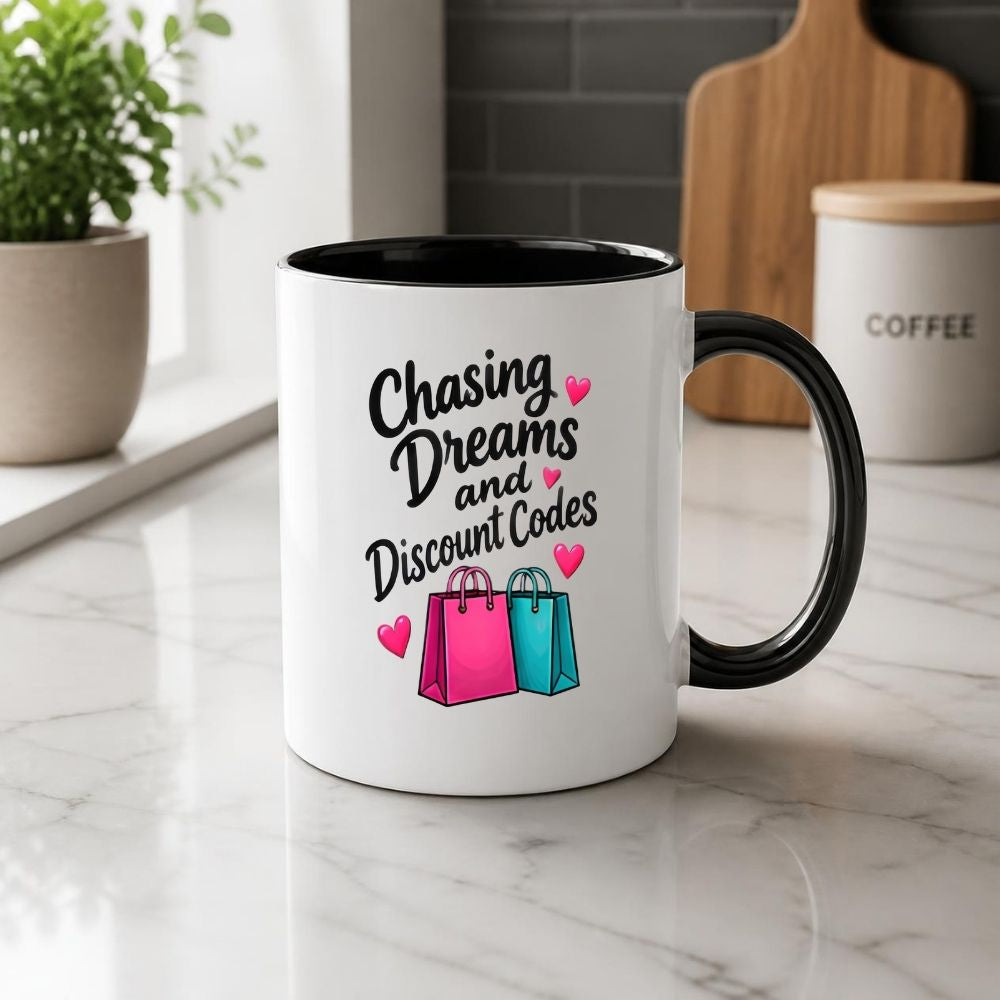 Humorous Mug "Chasing Dreams and Discount Codes" 325ml Ceramic Coffee Mug Funny Shopping Lover Tea Cup with Pink & Teal Shopping Bags & Hearts Graphic Gift | Available in Multicolours | Fast Dispatch by UK Seller (M1316)