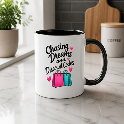 Humorous Mug "Chasing Dreams and Discount Codes" 325ml Ceramic Coffee Mug Funny Shopping Lover Tea Cup with Pink & Teal Shopping Bags & Hearts Graphic Gift | Available in Multicolours | Fast Dispatch by UK Seller (M1316)