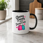 Humorous Mug "Chasing Dreams and Discount Codes" 325ml Ceramic Coffee Mug Funny Shopping Lover Tea Cup with Pink & Teal Shopping Bags & Hearts Graphic Gift | Available in Multicolours | Fast Dispatch by UK Seller (M1316)