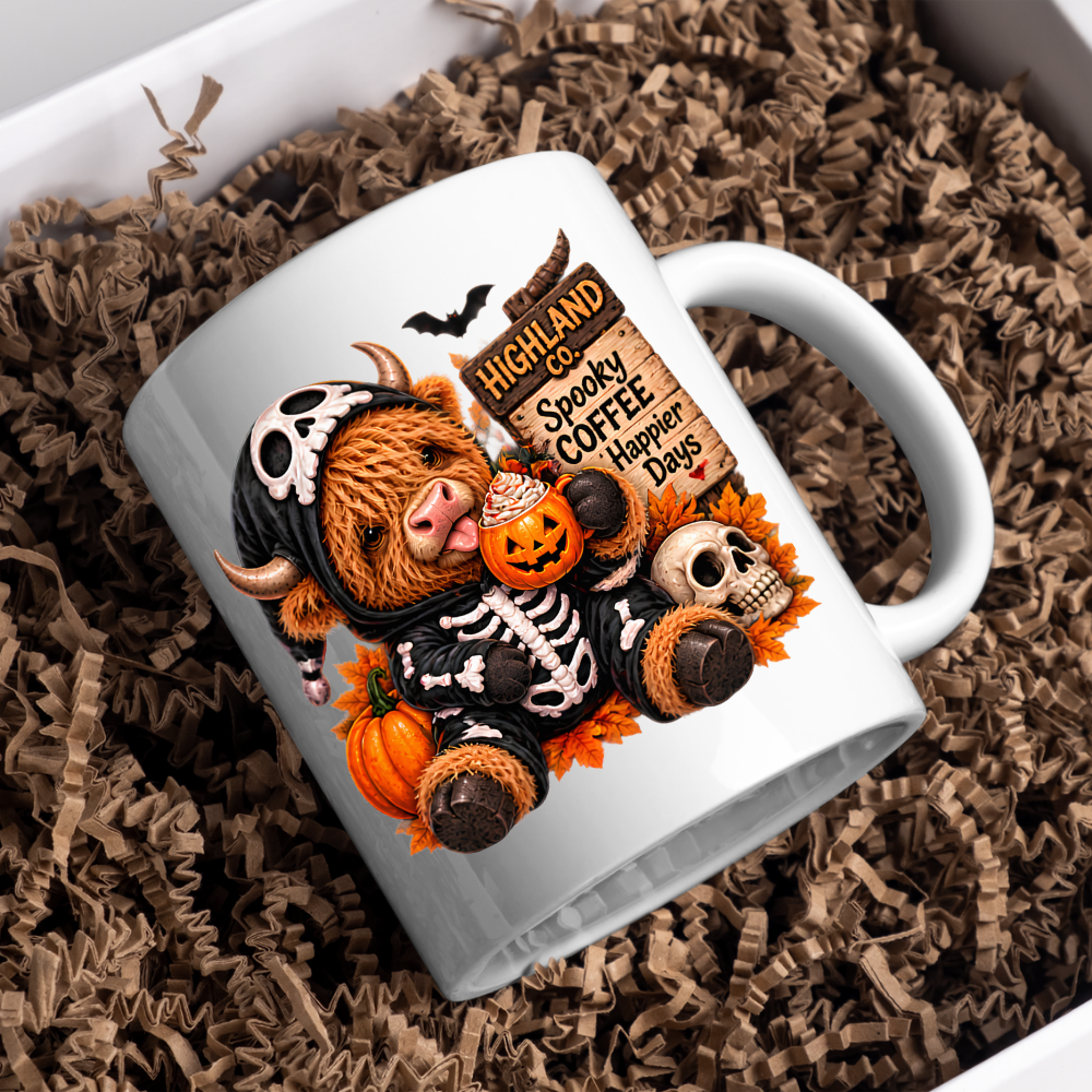 Halloween Mug "Skeleton Onesie Spooky Coffee Happier Days Highland Co." Skeleton Onesie Highland Cow 325ml Ceramic Coffee Mug – Cute Halloween Tea Cup Skull Onesie Pumpkin Mug Graphic Gift | Available in Multicolours | Fast Dispatch by UK Seller (M3181)