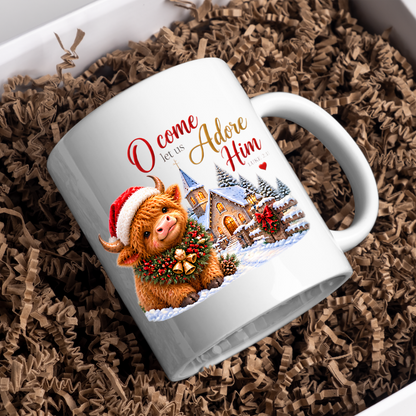 Christmas Mug "O Come Let Us Adore Him Highland Cow" Luke 2:11 325ml Ceramic Coffee Mug – Festive Highland Cow Mug With Christmas Bells Snowy Church Fence Christian Holiday Gift | Available in Multicolours | Fast Dispatch by UK Seller (M3310)
