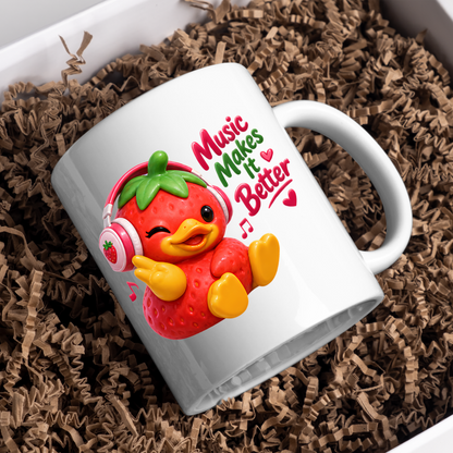 Music Mug "Music Makes It Better Strawberry Duck" 325ml Ceramic Coffee Mug – Cute Winking Strawberry Duck with Pink Headphones Peace Sign Fun Gift For Music Lovers Friends | Available in Multicolours | Fast Dispatch by UK Seller (M3251)