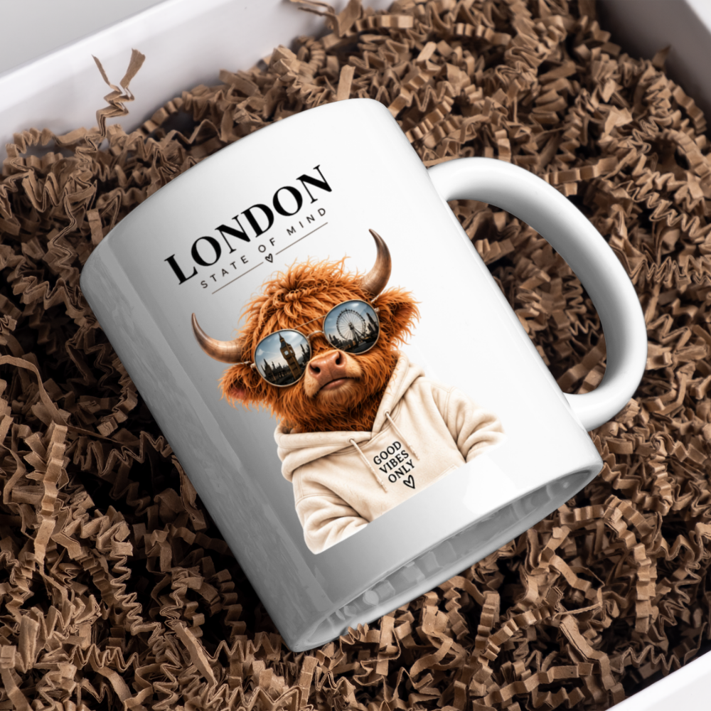 London State of Mind Highland Cow Mug "LONDON State of Mind, Good Vibes Only" Graphic 325ml Ceramic Coffee Cup Cool Highland Cow in Sunglasses Novelty Tea Cup | Trendy London Gift for Her & Him | Available in Multicolours | Fast Dispatch (M3139)