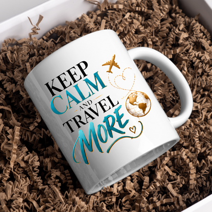 Travel Mug "Keep Calm And Travel More" 325ml Ceramic Coffee Tea Cup – Teal & Gold Typography, Globe & Airplane Slogan Novelty Gift for Travelers, Adventurers, Birthday – Fast Dispatch by UK Seller (M3495)