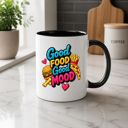 Foodie Mug "Good Food Good Mood" 325ml Ceramic Coffee Mug Cute Fast Food Lover Tea Cup with Burger, Pizza Slice & Fries Gift | Available in Multicolours | Fast Dispatch by UK Seller (M1308)