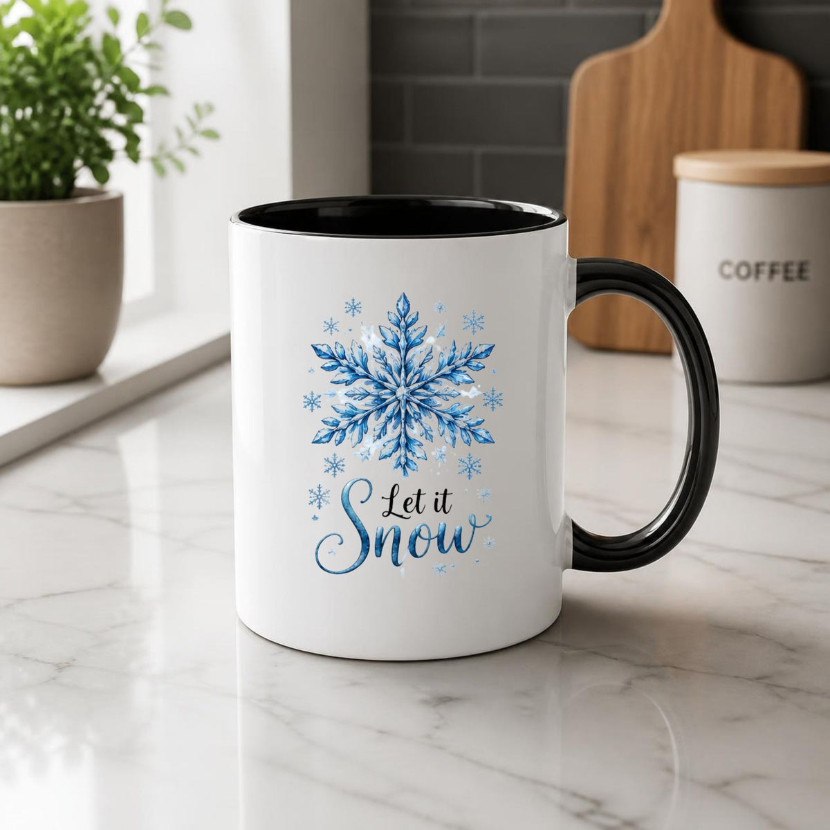 Elegant Mug "Let It Snow" Blue Snowflake 325ml Ceramic Coffee Mug Winter Holiday Tea Cup with Watercolor Crystal Design & Frosty Slogan Gift | Available in Multicolours | Fast Dispatch by UK Seller (M1250)