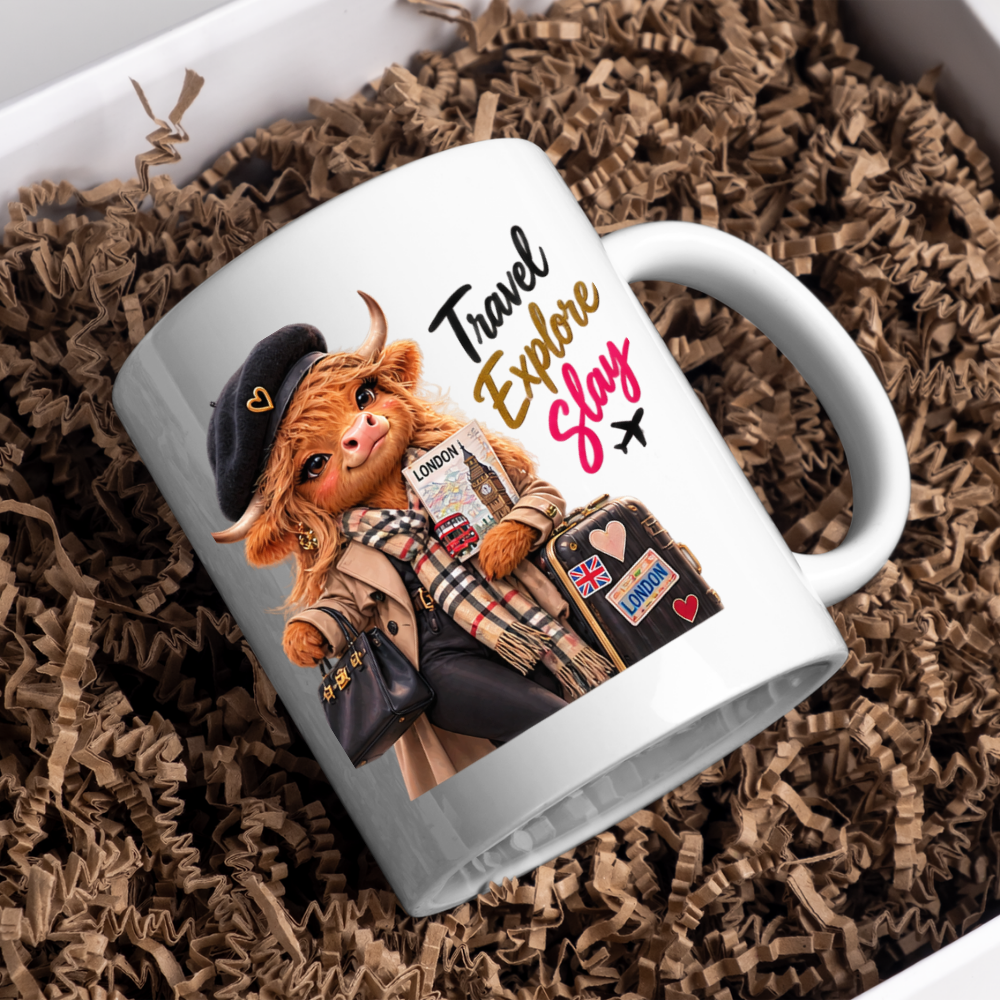 Travel Mug "Travel Explore Slay Highland Cow" Travel Explore Slay Highland Cow 325ml Ceramic Coffee Mug – Chic London Travel Tea Cup with Beret Trench Coat Scarf Graphic Gift | Available in Multicolours | Fast Dispatch by UK Seller (M3199)