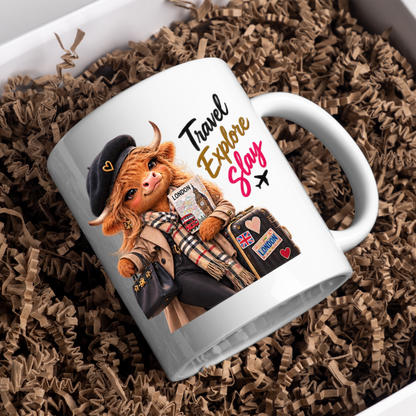 Travel Mug "Travel Explore Slay Highland Cow" Travel Explore Slay Highland Cow 325ml Ceramic Coffee Mug – Chic London Travel Tea Cup with Beret Trench Coat Scarf Graphic Gift | Available in Multicolours | Fast Dispatch by UK Seller (M3199)