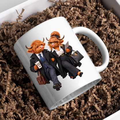 Business Mug "Professional Highland Cow Power Couple" Professional Highland Cow Power Couple 325ml Ceramic Coffee Mug – Stylish Office Corporate Tea Cup With Suits Coffee Graphic Gift | Available in Multicolours | Fast Dispatch by UK Seller (M3193)