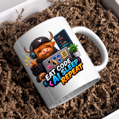 Tech Mug "Eat Code AI Sleep Repeat Highland Cow" 325ml Ceramic Coffee Mug – Cute Highland Cow in Cap & Headphones With Laptop Code Screen Tech Gift For Developers Coders | Available in Multicolours | Fast Dispatch by UK Seller (M3233)