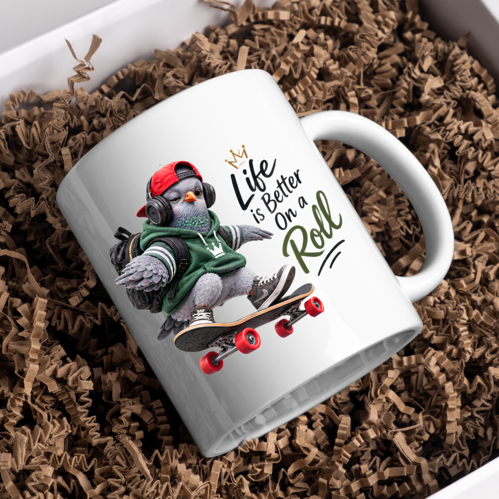 Skateboard Mug "Life Is Better On A Roll Cool Pigeon" 325ml Ceramic Coffee Mug – Cool Skater Pigeon with Red Cap, Headphones Green Hoodie Skateboard Gift For Skaters Friends | Available in Multicolours | Fast Dispatch by UK Seller (M3239)