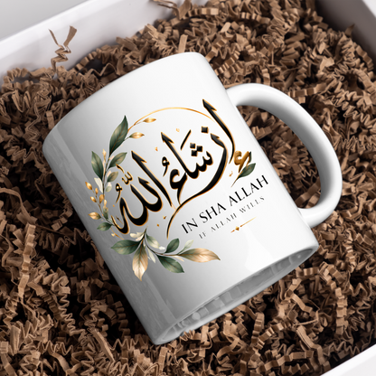 Islamic Mug "In Sha Allah If Allah Wills" In Sha Allah If Allah Wills 325ml Ceramic Coffee Mug – Elegant Arabic Calligraphy & Botanical Foliage Wreath Artwork | Islamic Spiritual Gift | Fast Dispatch by UK Seller (M3477)
