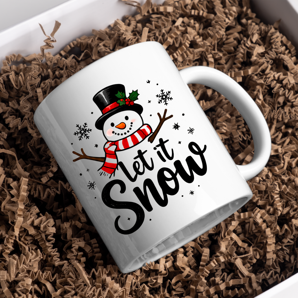Snowman Christmas Mug "Let It Snow" Let It Snow 325ml Ceramic Coffee Mug – Cute Smiling Snowman with Top Hat, Red Striped Scarf & Flurry Snowflakes | Winter Holiday Gift | Fast Dispatch by UK Seller (M3433)