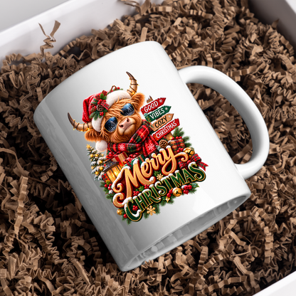Christmas Mug "Merry Christmas Good Vibes Cozy Christmas" Merry Christmas 325ml Ceramic Coffee Mug – Cute Highland Cow Santa Mug with Good Vibes Cozy Christmas Signs & Presents | Festive Holiday Gift | Fast Dispatch by UK Seller (M3336)