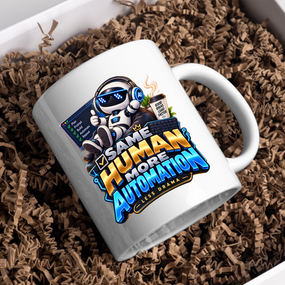 Tech Mug "Same Human More Automation Less Drama" Same Human More Automation Less Drama 325ml Ceramic Coffee Mug – Funny Robot IT Developer Mug with Plan Prompt Build Automate Repeat | Gift for Developers | Fast Dispatch by UK Seller (M3328)