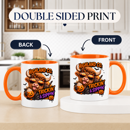 Halloween Mug "Highland Cow Trickin' & Sippin'" Highland Cow Trickin' and Sippin' 325ml Ceramic Coffee Mug – Funny Halloween Autumn Tea Cup With Cool Highland Cow Sunglasses Bandana Jack O Lanterns Graphic Gift | Fast Dispatch by UK Seller (M3211)