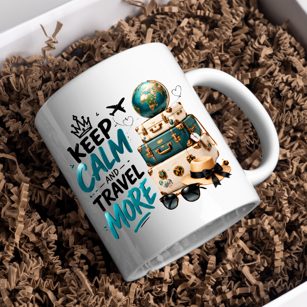 Travel Mug "Keep Calm And Travel More" 325ml Ceramic Coffee Tea Cup – Vintage Suitcases, Globe, Sunglasses & Slogan Novelty Gift for Travelers, Adventurers, Birthday – Fast Dispatch by UK Seller (M3508)