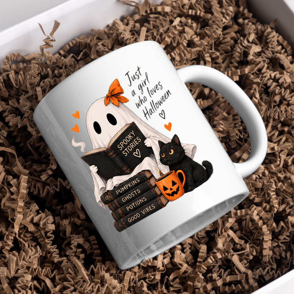 Halloween Mug "Reading Ghost Just a Girl Who Loves Halloween" 325ml Ceramic Coffee Mug–Cute Halloween Autumn Tea Cup With Reading Sheet Ghost Spooky Books Cat Graphic Gift | Available in Multicolours | Fast Dispatch by UK Seller (M3227)