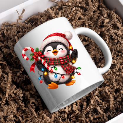 Christmas Mug "Happy Christmas Penguin Candy Cane" Happy Penguin 325ml Ceramic Coffee Mug – Festive Christmas Tea Cup with Santa Hat, Plaid Scarf Candy Cane Fairy Lights Graphic Gift | Available in Multicolours | Fast Dispatch by UK Seller (M3187)