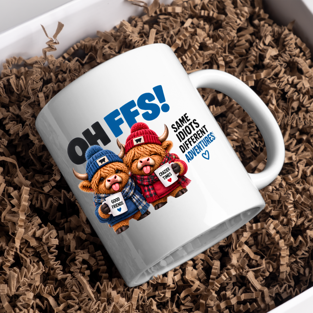 Winter Besties Highland Cows Mug "OH FFS! Same Idiots Different Adventures!" Oh Ffs! Same Idiots Different Adventures! 325ml Ceramic Coffee Mug –Cute Highland Cows in Bobble Hats with Mugs & Scarves | Funny Bestie Gift | Fast Dispatch by UK Seller (M3372)