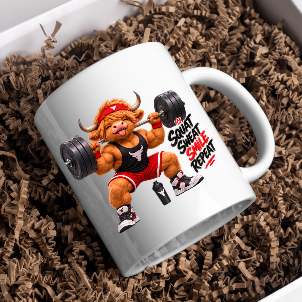 Gym Mug "Squat Sweat Smile Repeat Highland Cow" Squat Sweat Smile Repeat 325ml Ceramic Coffee Mug – Muscular Highland Cow Squatting Heavy Barbell In Headband Tank Top Gym Fitness Gift | Available in Multicolours | Fast Dispatch by UK Seller (M3276)