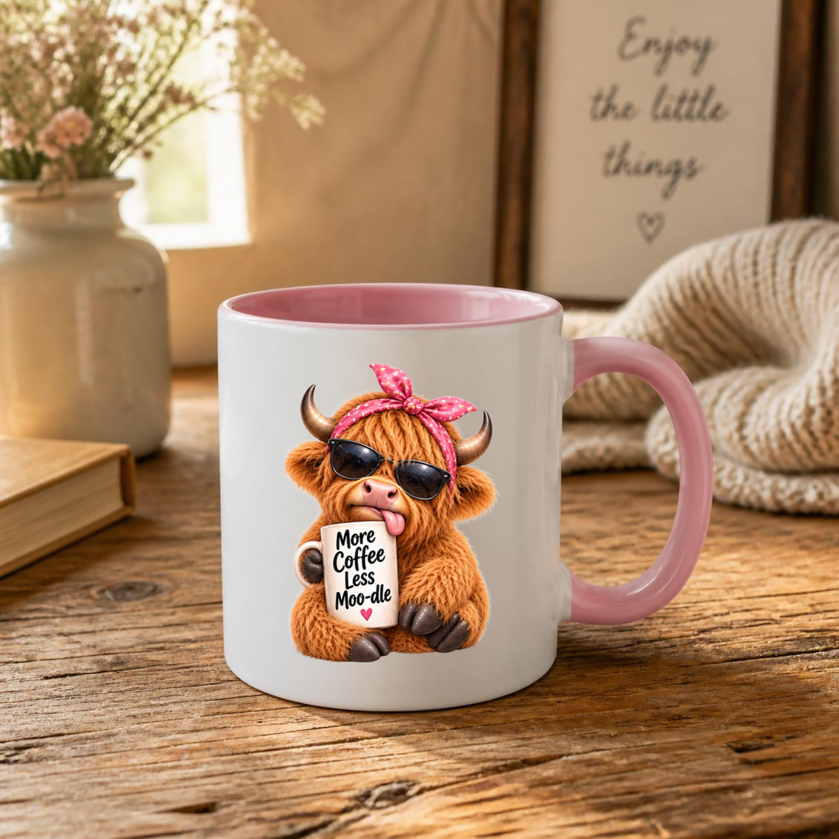 Sassy Mug Highland Cow "More Coffee Less Moo-dle" Ceramic Coffee Mug - Funny Farm Animal with Pink Headband & Sunglasses Tea Cup Gift 350ml | Available in Multicolours | Fast Dispatch by UK Seller (M1222)