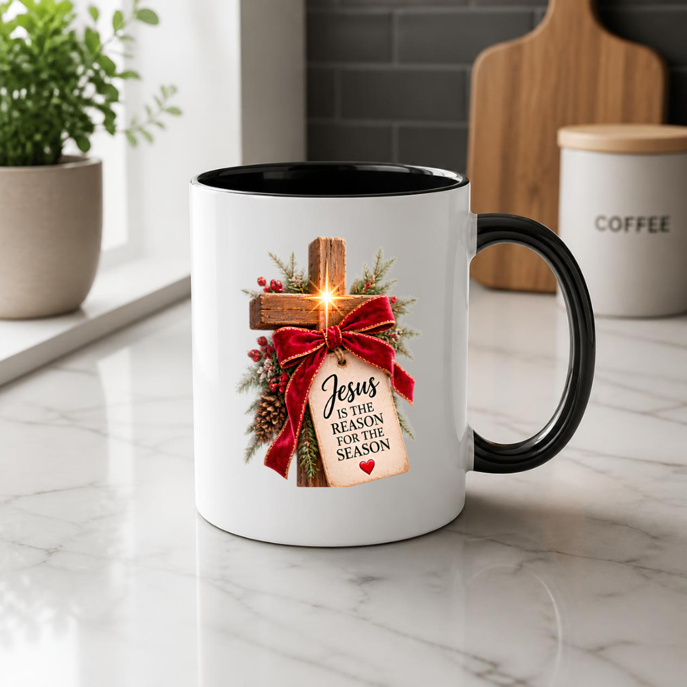 Christmas Mug "Jesus Is The Reason For The Season Wooden Cross" 325ml Ceramic Coffee Mug – Rustic Wooden Cross With Velvet Bow Pine Red Berries Christian Holiday Gift | Available in Multicolours | Fast Dispatch by UK Seller (M3297)
