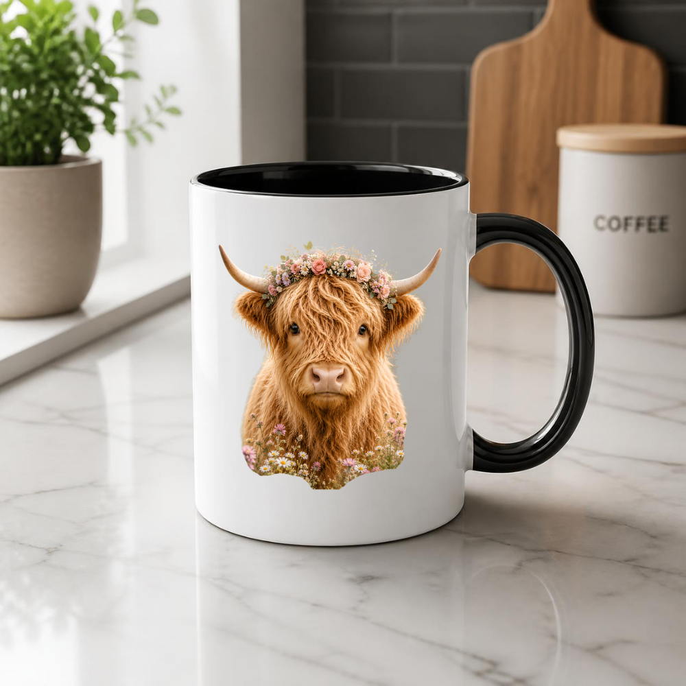 Floral Mug "Boho Highland Cow" Floral Crown Highland Cow 325ml Ceramic Coffee Mug Pretty Botanical Tea Cup with Pink Rose Flower Crown Graphic Gift | Available in Multicolours | Fast Dispatch by UK Seller (M3152)