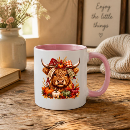 Autumn Harvest Highland Cow Coffee Mug - Fall Pumpkin & Plaid Bow Farmhouse Animal Ceramic Tea Cup for Thanksgiving & Rustic Kitchen Decor (M1207)
