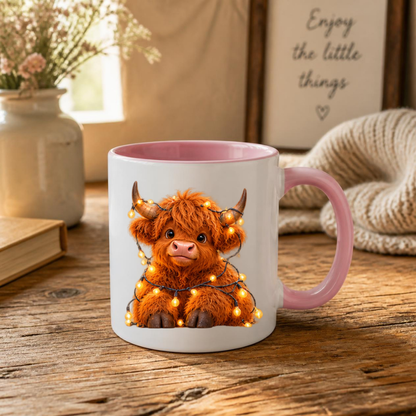 Fairy Lights Highland Cow Ceramic Coffee Mug - Glowing Warm Light Farm Animal Tea Cup for Cozy Winter Nights & Holiday Decor (M1221)