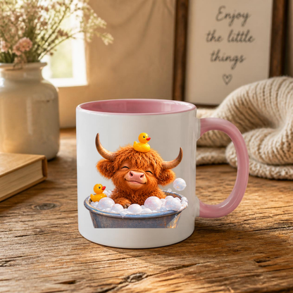 Cute Baby Highland Cow in Bubble Bath Coffee Mug - Rubber Duck Farm Animal Ceramic Tea Cup for Relaxation & Bath Time Gift (M1218)