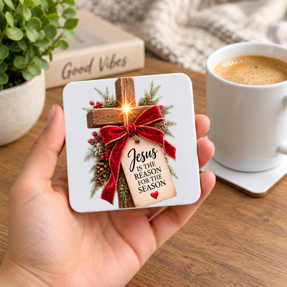 Inspirational Religious Hardboard Coaster "Jesus Is The Reason For The Season" Graphic 9cm x 9cm Square Drinks Coaster “Wooden Cross with Red Velvet Bow, Starburst & Scripture Tag Novelty Mat | Christian Glossy Gift | Fast Dispatch by UK Seller (C3045)