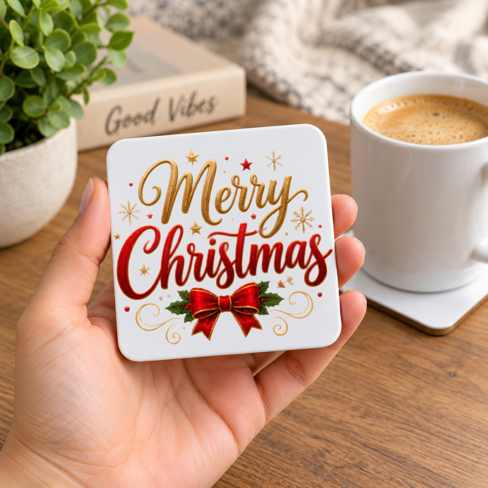 Festive Merry Christmas Hardboard Coaster Slogan Graphic 9cm x 9cm Square Drinks Coaster “Gold & Red Script Typography with Red Satin Bow a