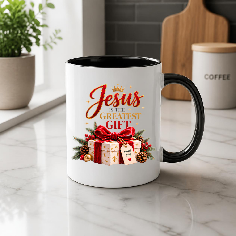 Christmas Mug "Jesus Is The Greatest Gift John 3:16" Jesus Is The Greatest Gift 325ml Ceramic Coffee Mug – Festive Christian Typography Mug With Gift Box Crown Holiday Gift | Available in Multicolours | Fast Dispatch by UK Seller (M3317)