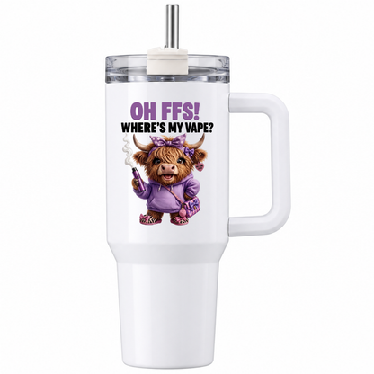 Funny Highland Cow 40oz Tumbler “OH FFS! Where’s My V?” – Boy & Girl Designs | Large White Reusable Travel Cup with Handle & Straw | Cheeky & Sarcastic Gift for Him, Her, Friends & Couples | Fast Dispatch by UK Seller (T1001)